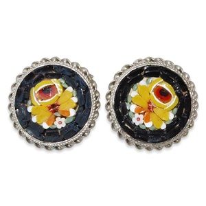 Vintage Italian Micro Mosaic Floral Screw Back Earrings Black Yellow Red Flower